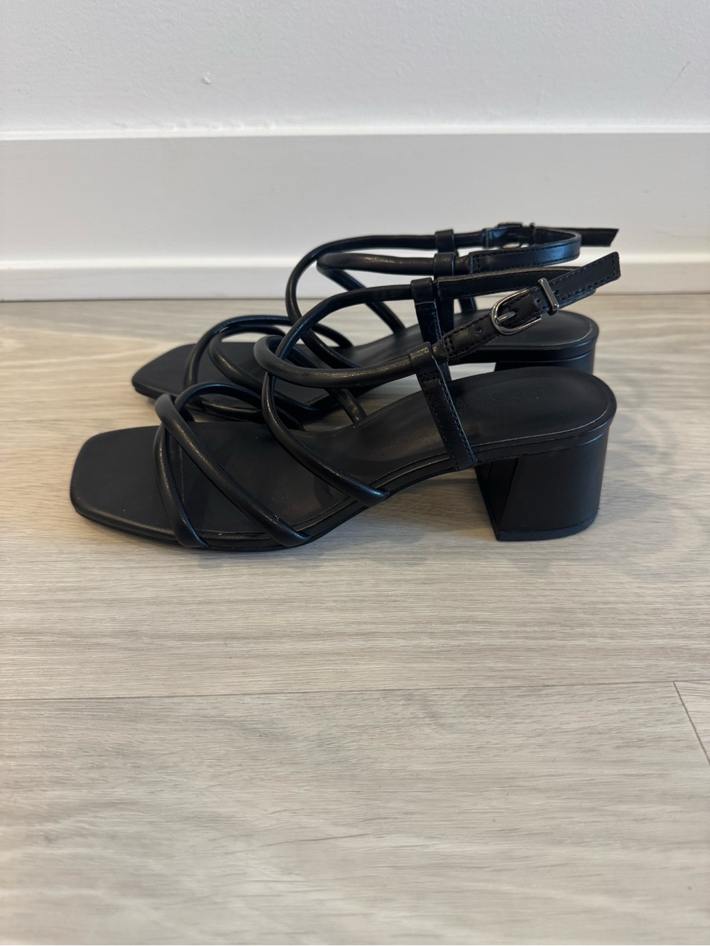 Black Strappy Square-Toe, Block Heel Women's Sandals - Picture 2 of 4